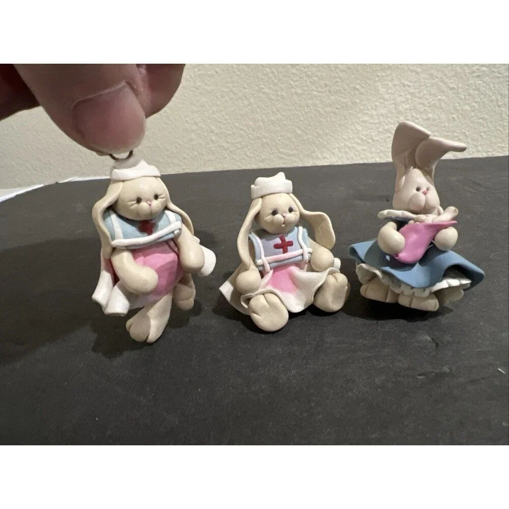 Lot of 3 Handcrafted Polymer Clay Bunny Figurines Nurse Baby Dollhouse VTG